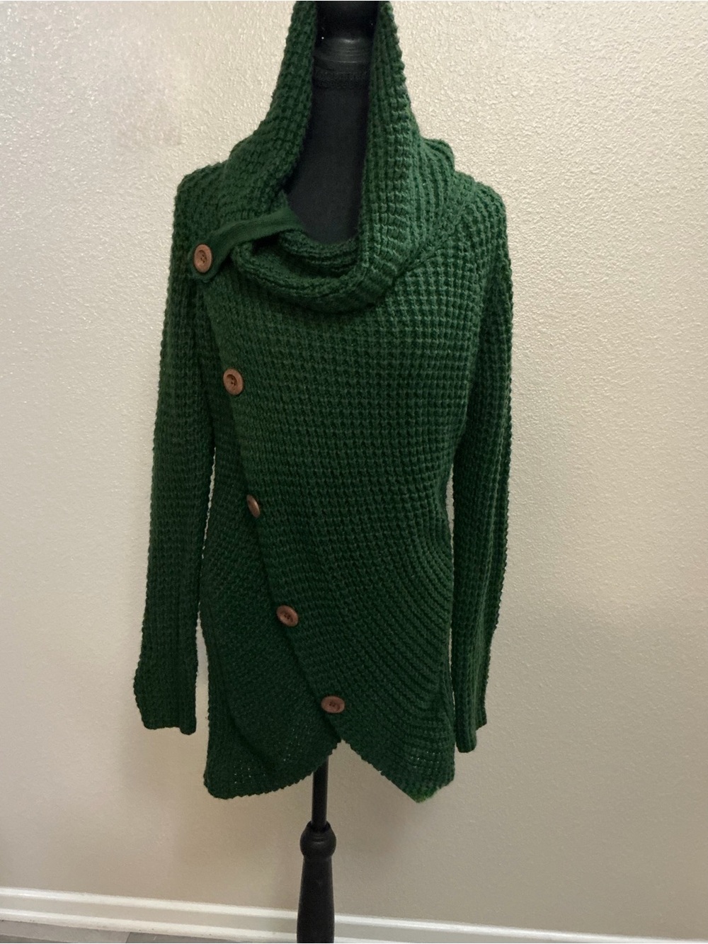 Asymmetrical Dark Green Button-Up Waffle Knit Cardigan Sweater